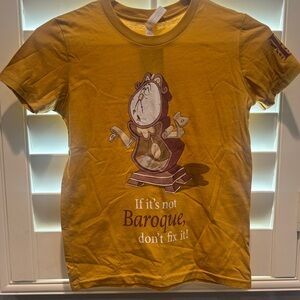 Women’s Cogsworth Mustard Yellow Graphic Tee with Clock Cartoon. New. Small 6-8